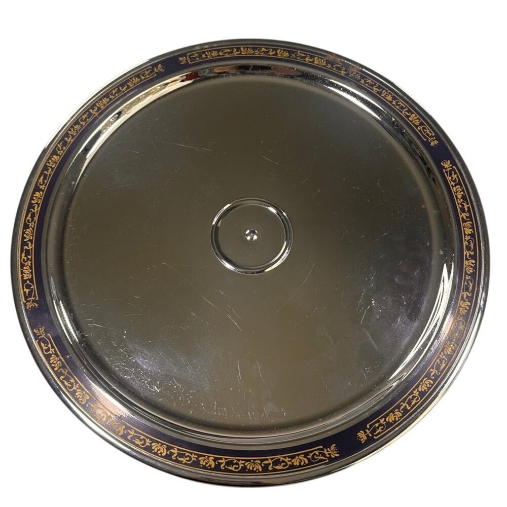 Kromex Chrome Pedestal Tray Blue Gold Scroll Rim USA MCM